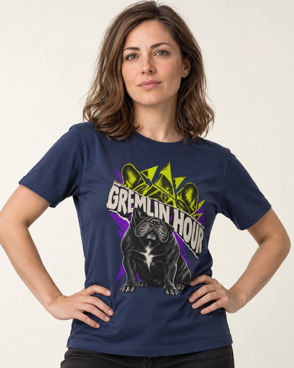 Frenchie Gremlin Hour Fracture Portrait Graphic T-Shirt in Navy, worn by a model