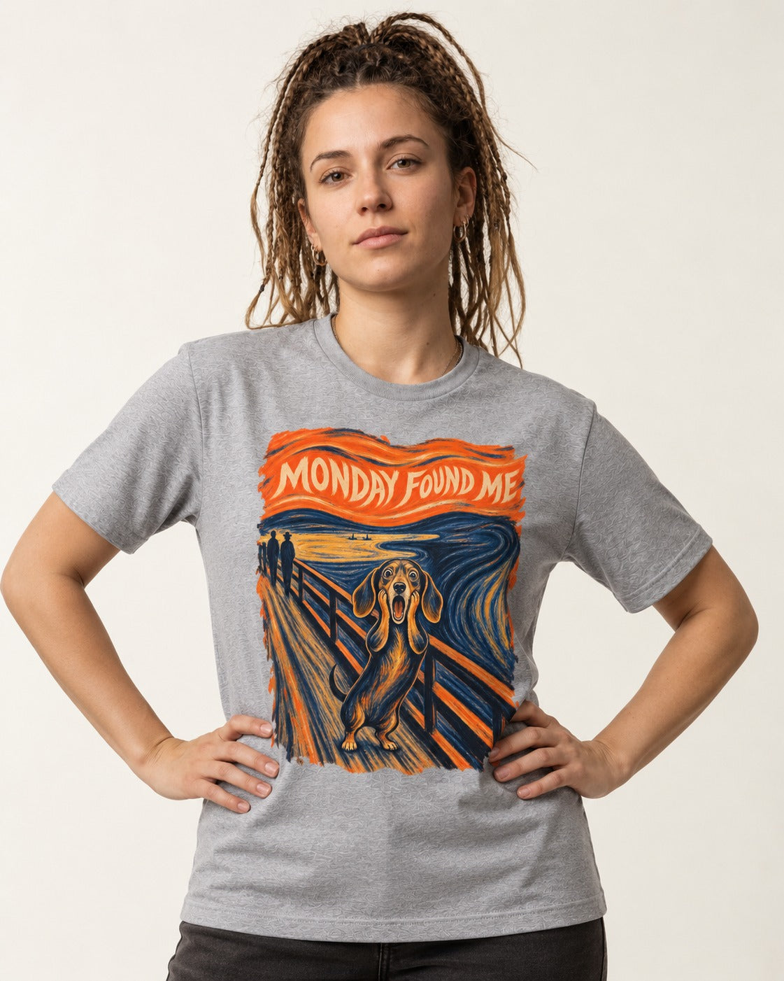 Dachshund Monday Found Me Scream Poster T-Shirt in Sport Grey, worn by a model