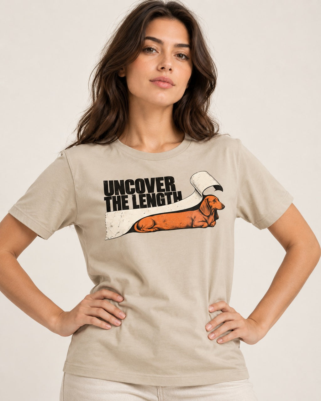 Uncover the Dachshund Length T-Shirt in Sand, worn by a model