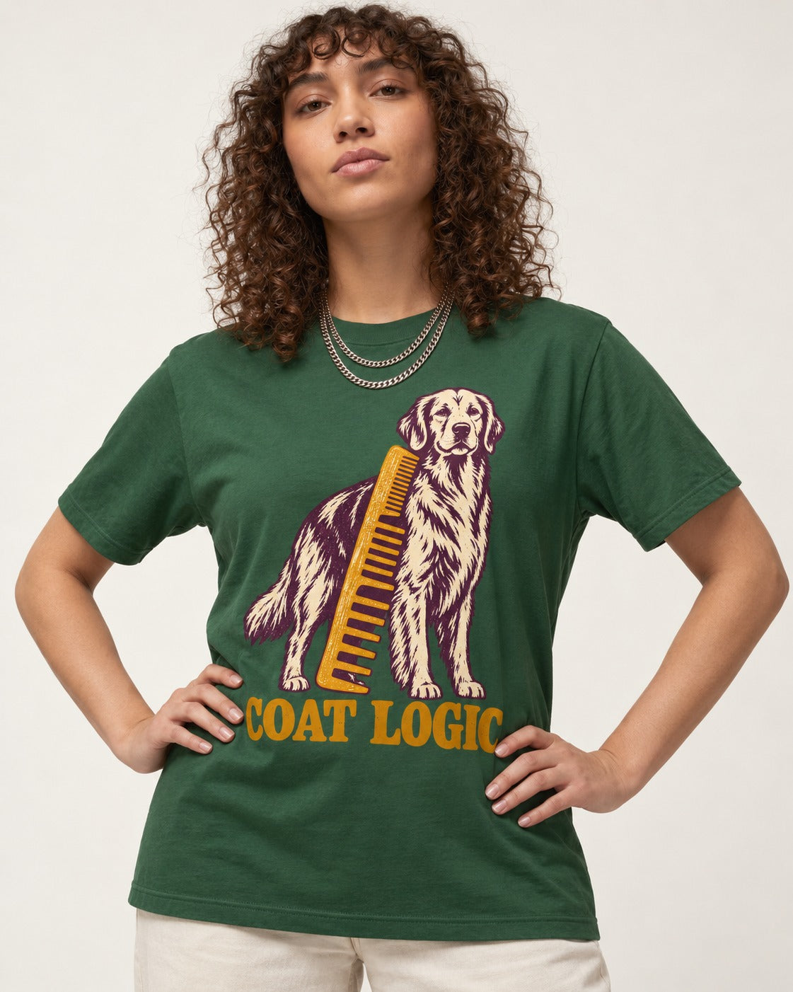 Golden Retriever Coat Logic Grooming Gauge Graphic T-Shirt in Forest Green, worn by a model