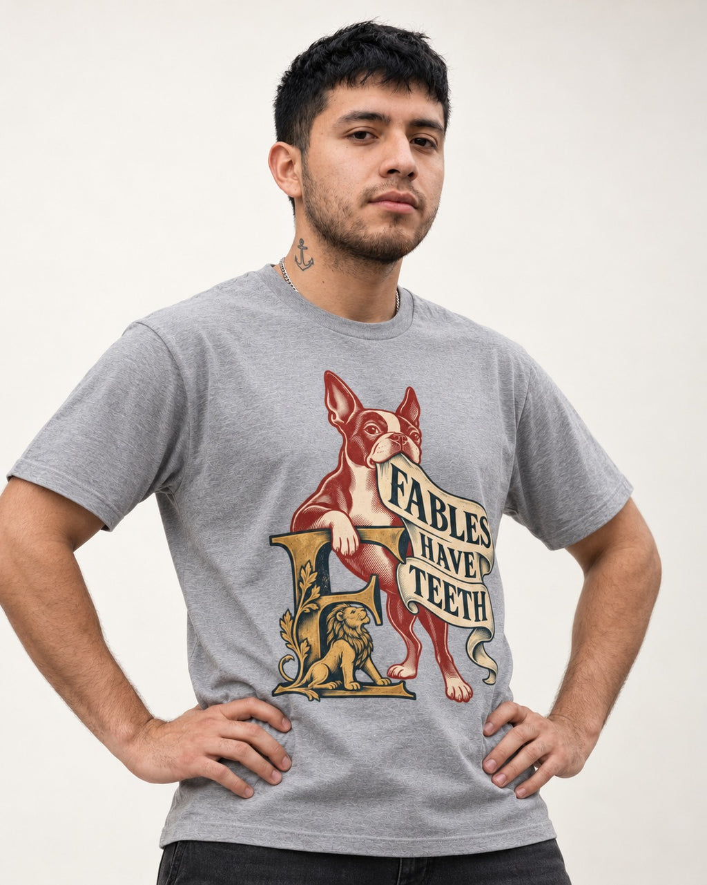 Boston Terrier Fables Have Teeth T-Shirt in Sport Grey, worn by a model