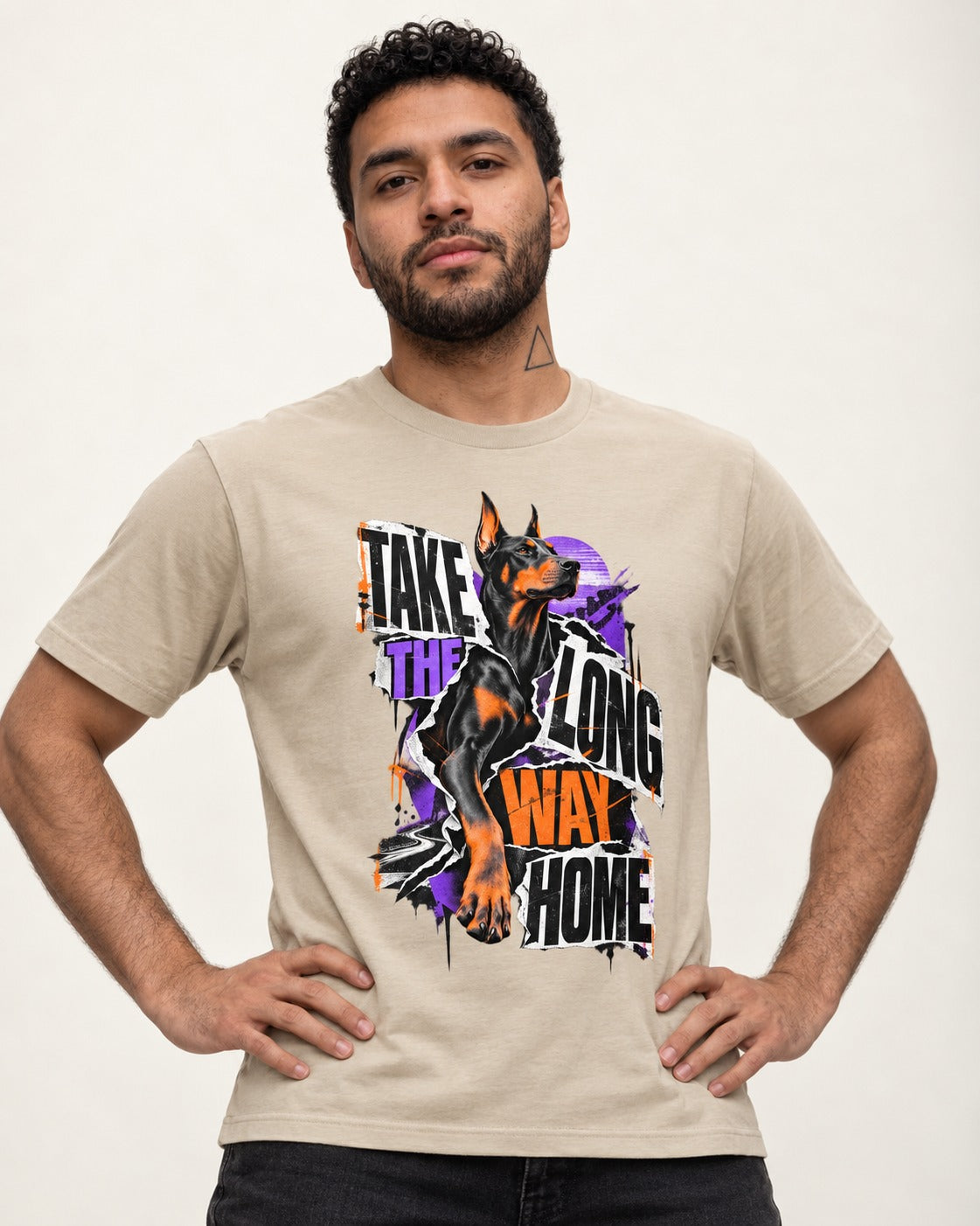 Doberman Long Way Home T-Shirt in Sand, worn by a model