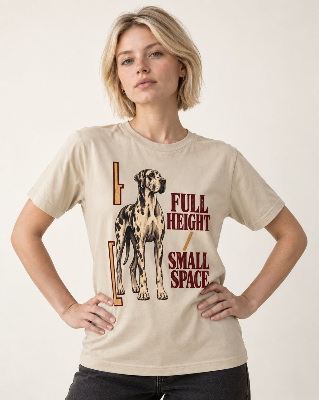 Great Dane Full Height Small Space T-Shirt in Sand, worn by a model
