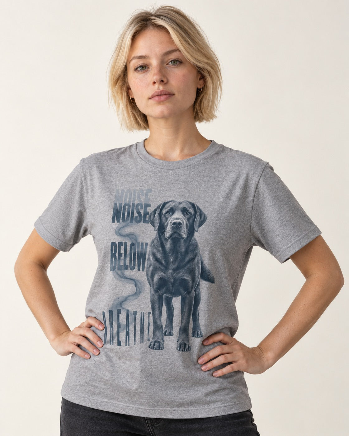 Labrador Retriever Breathe Below the Noise T-Shirt in Sport Grey, worn by a model