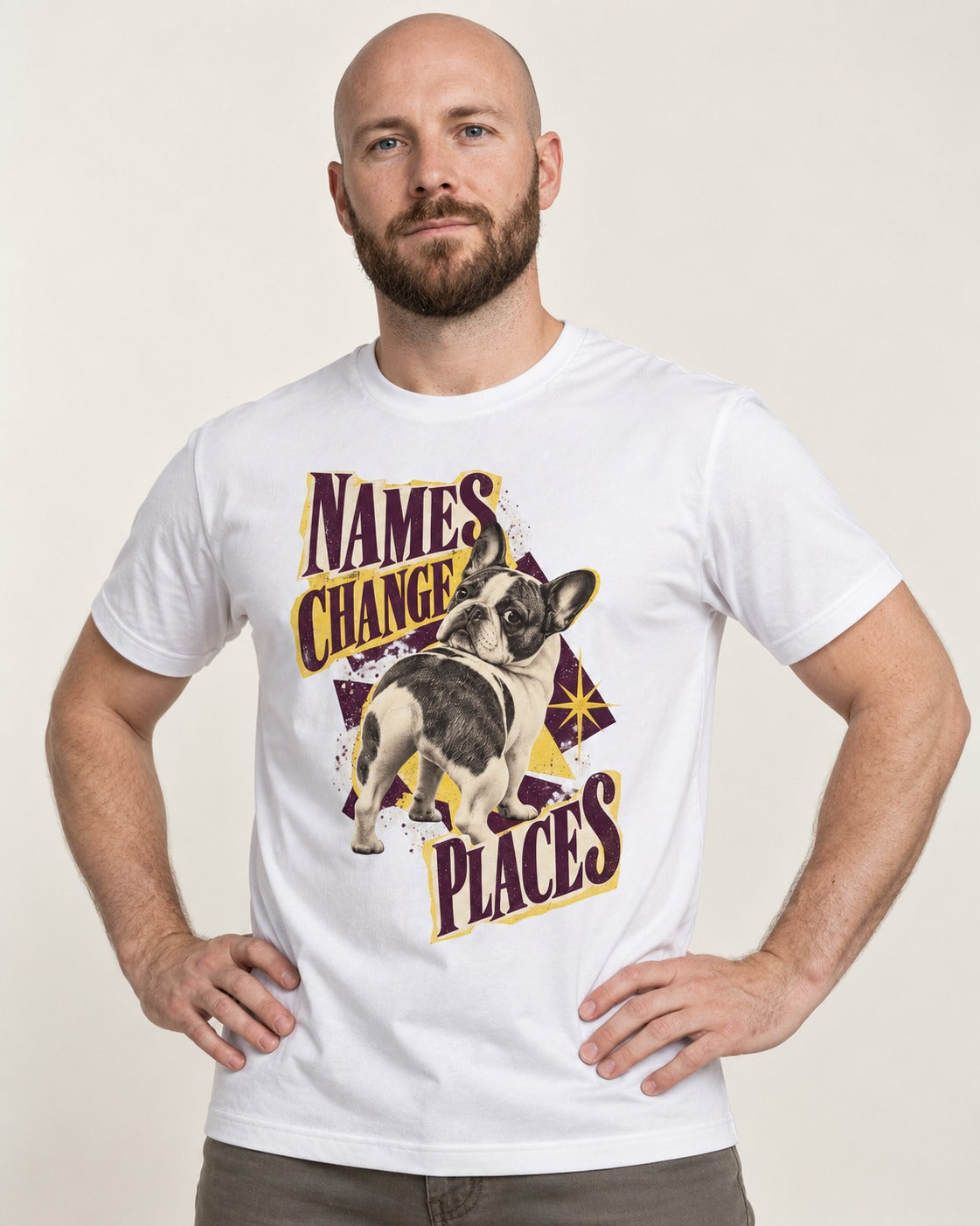 Frenchie Names Change Places Purple Poster Graphic T-Shirt in White, worn by a model