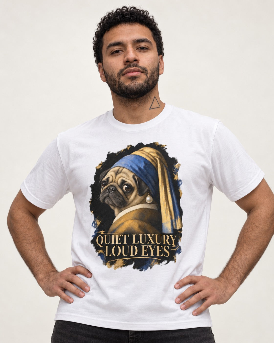 Pug Quiet Luxury Loud Eyes Pearl Portrait Graphic T-Shirt in White, worn by a model