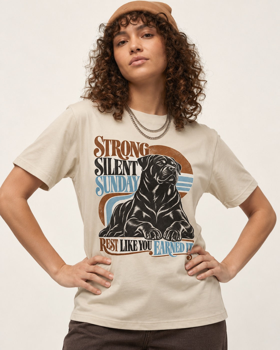 Strong Silent Sunday Rottweiler T-Shirt in Sand, worn by a model