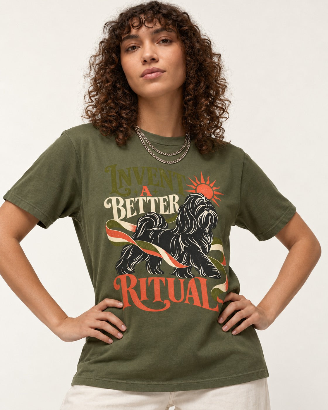 Shih Tzu Invent A Better Ritual Sunrise Ribbon Graphic T-Shirt in Heather Military Green, worn by a model