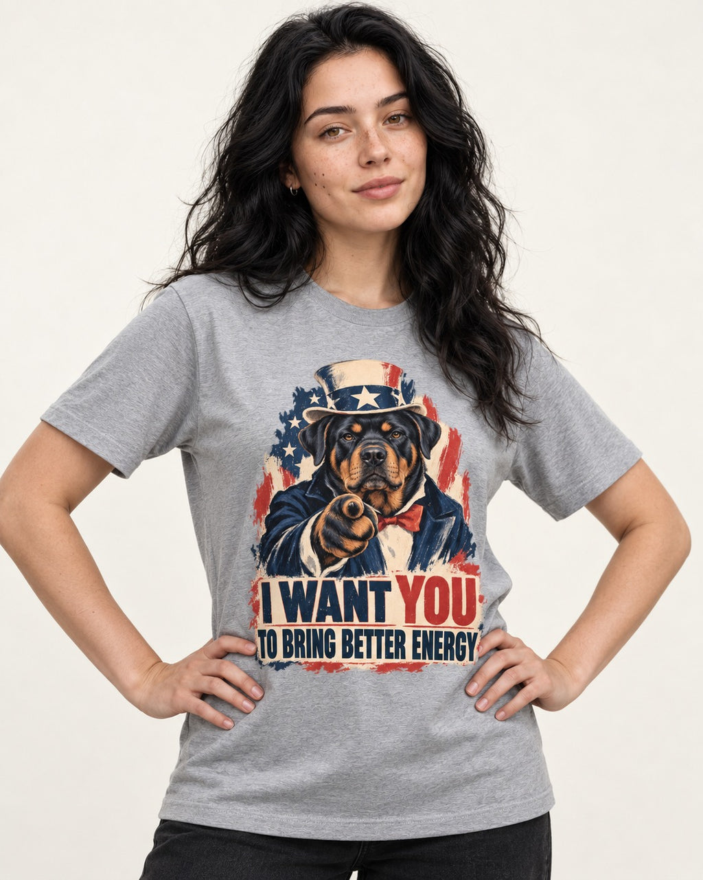 Rottweiler I Want You to Bring Better Energy Recruitment Poster Graphic T-Shirt in Sport Grey, worn by a model
