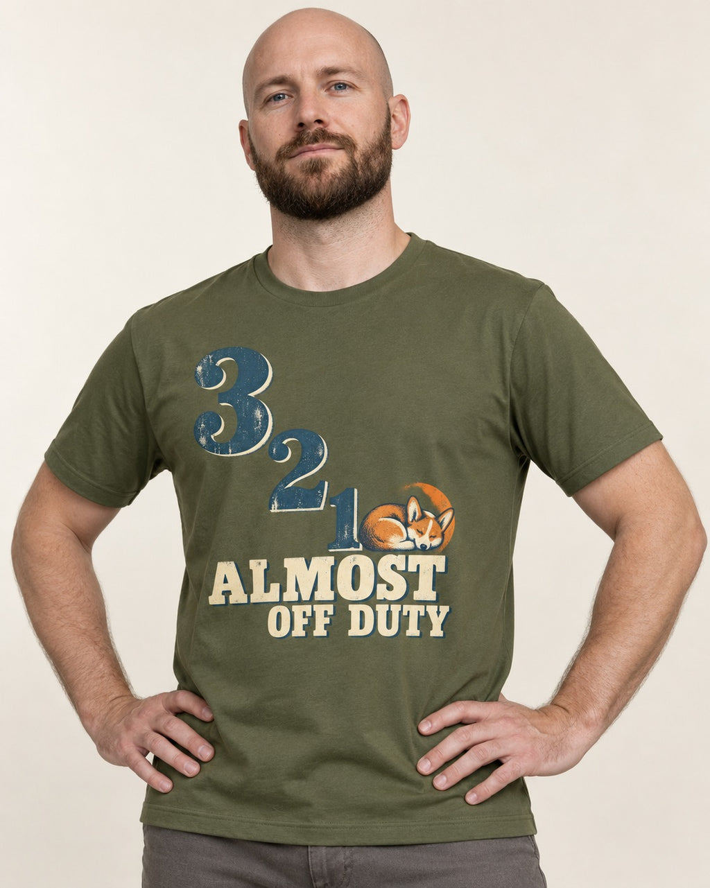 Corgi Almost Off Duty T-Shirt in Heather Military Green, worn by a model