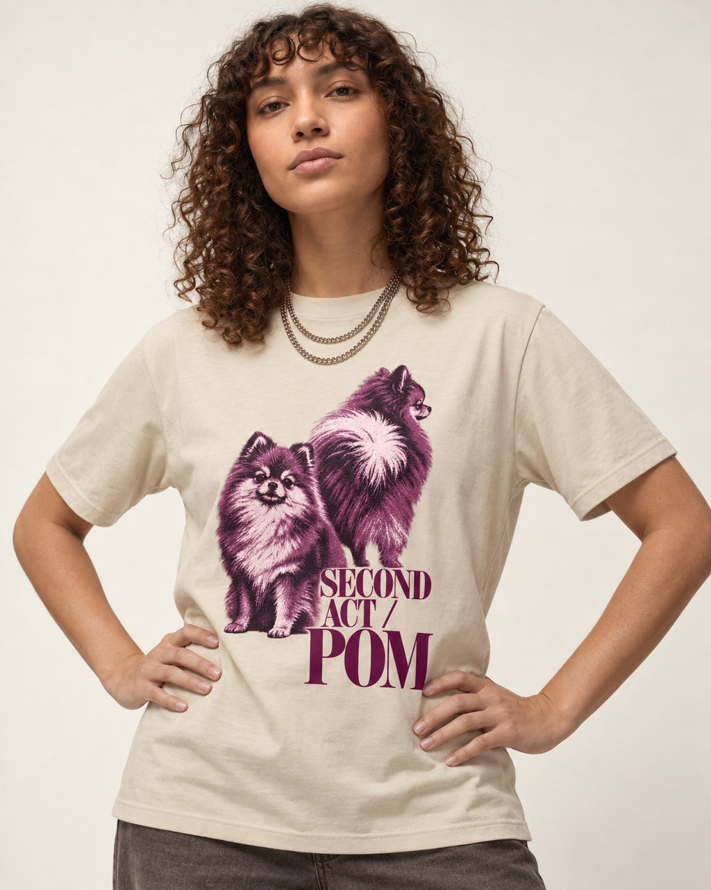Second Act Pomeranian T-Shirt in Sand, worn by a model