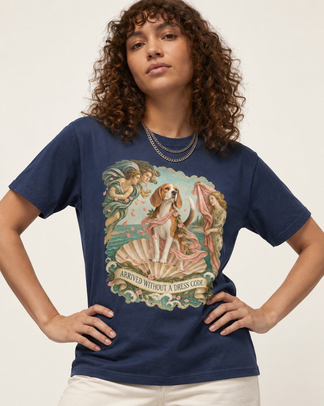 Beagle Arrived Without A Dress Code T-Shirt in Navy, worn by a model