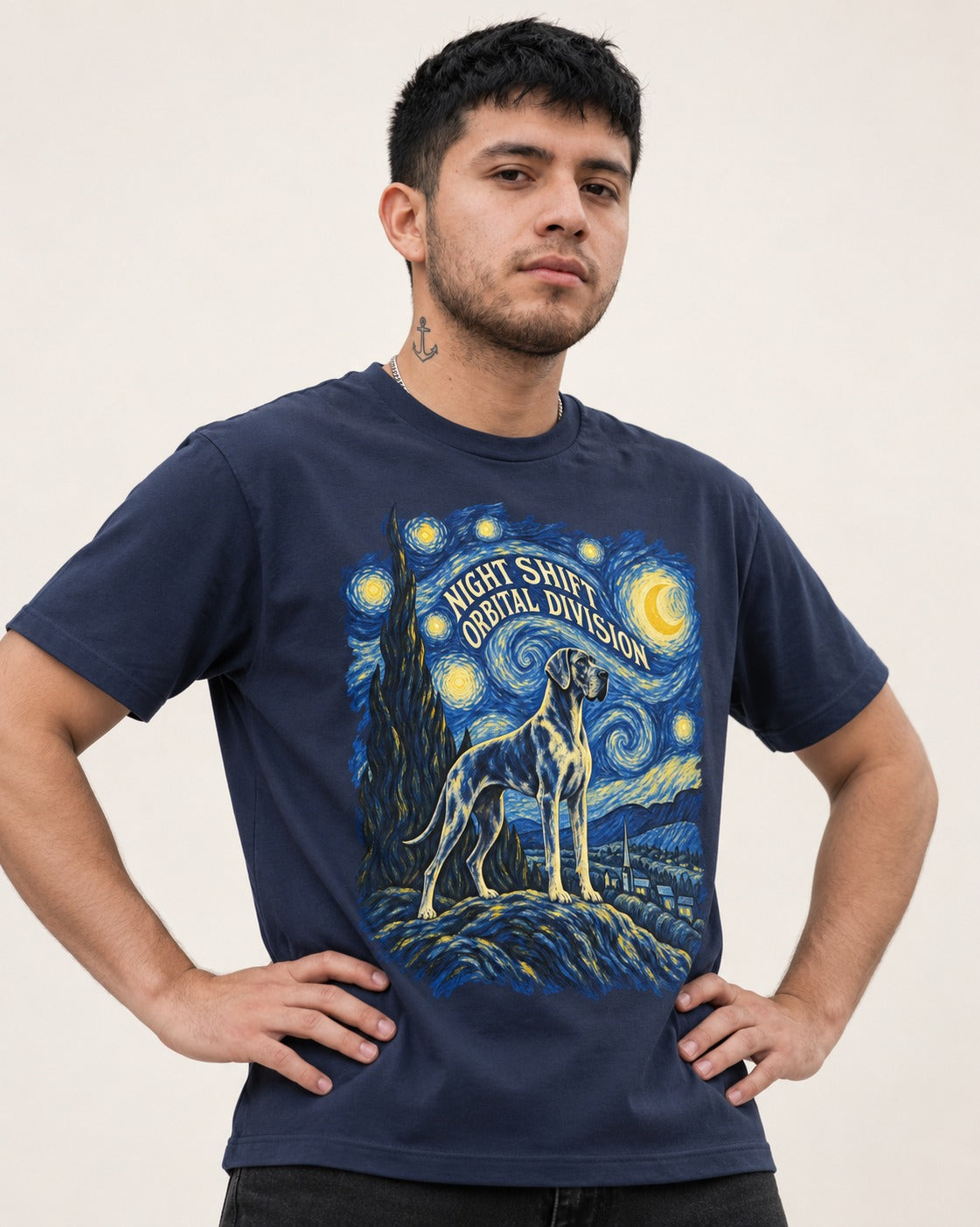 Great Dane Night Shift Orbital Division Starry Sky Graphic T-Shirt in Navy, worn by a model