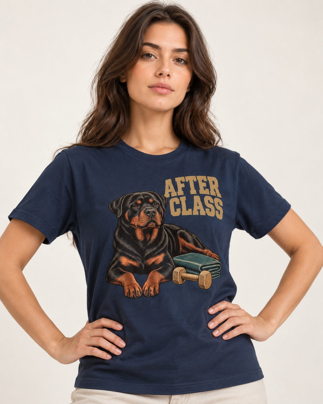 Rottweiler After Class Books and Dumbbell Graphic T-Shirt in Navy, worn by a model