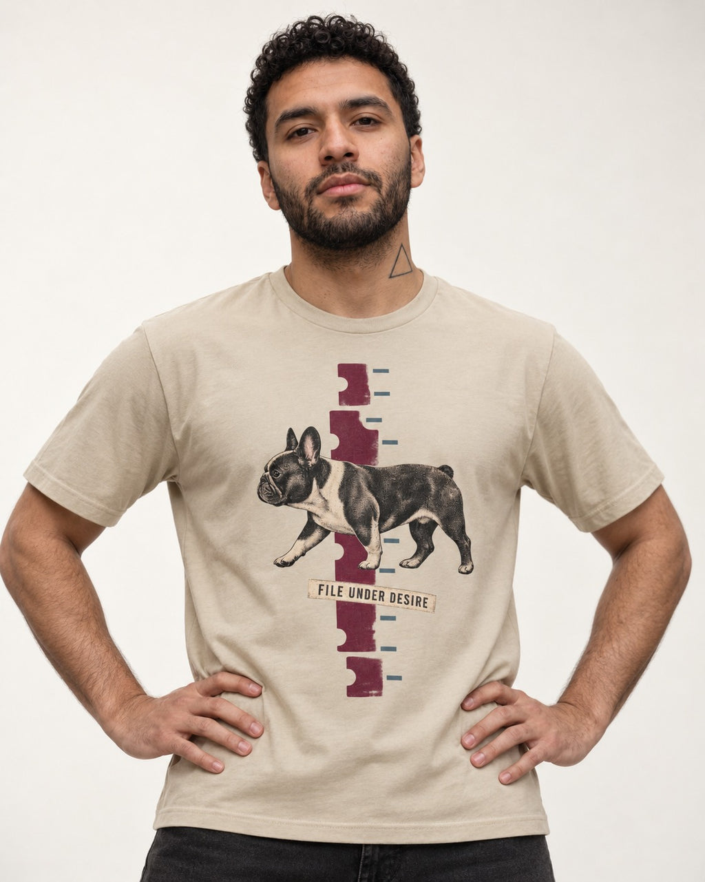 File Under Frenchie Desire T-Shirt in Sand, worn by a model