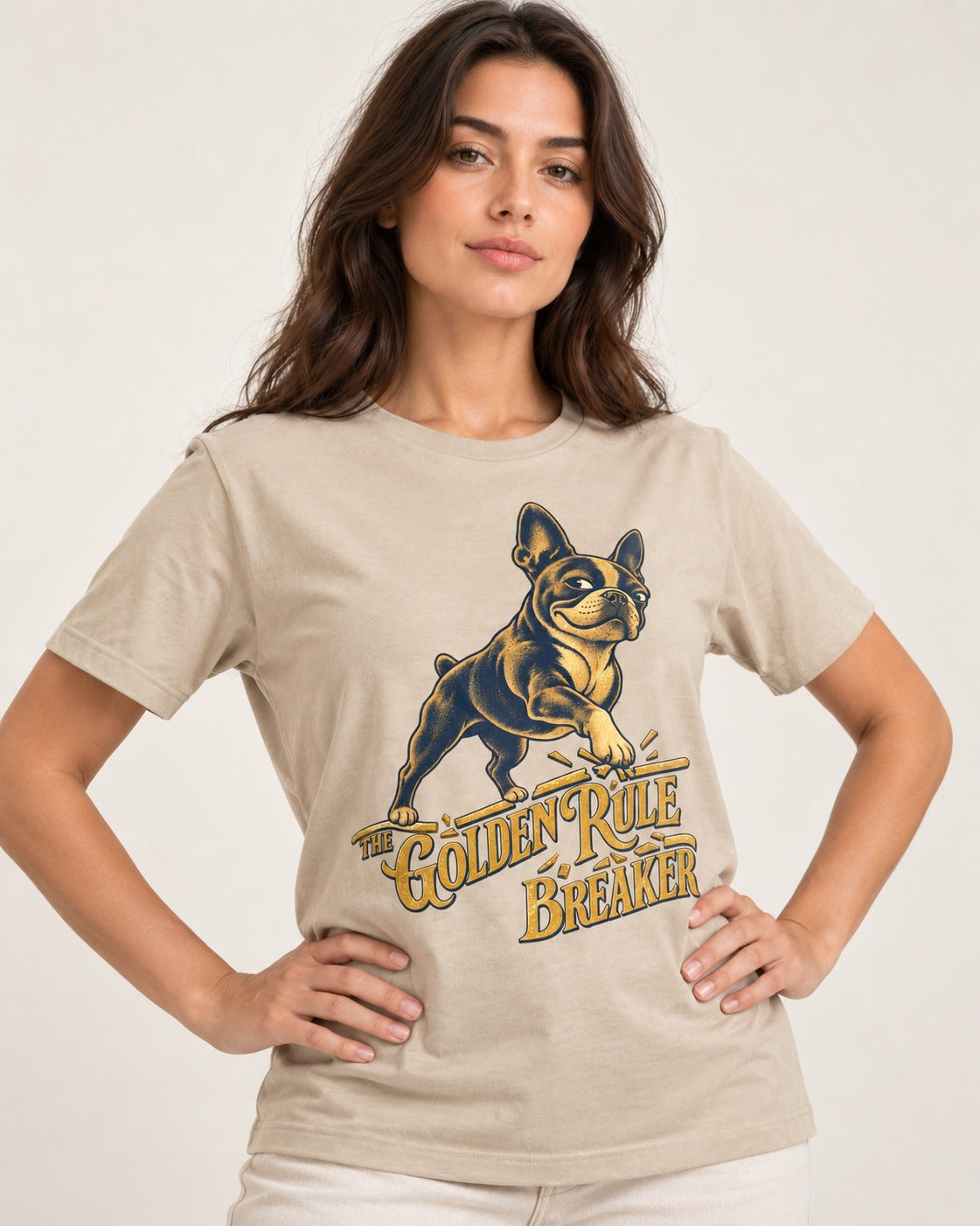 Boston Terrier Golden Rule Breaker T-Shirt in Sand, worn by a model