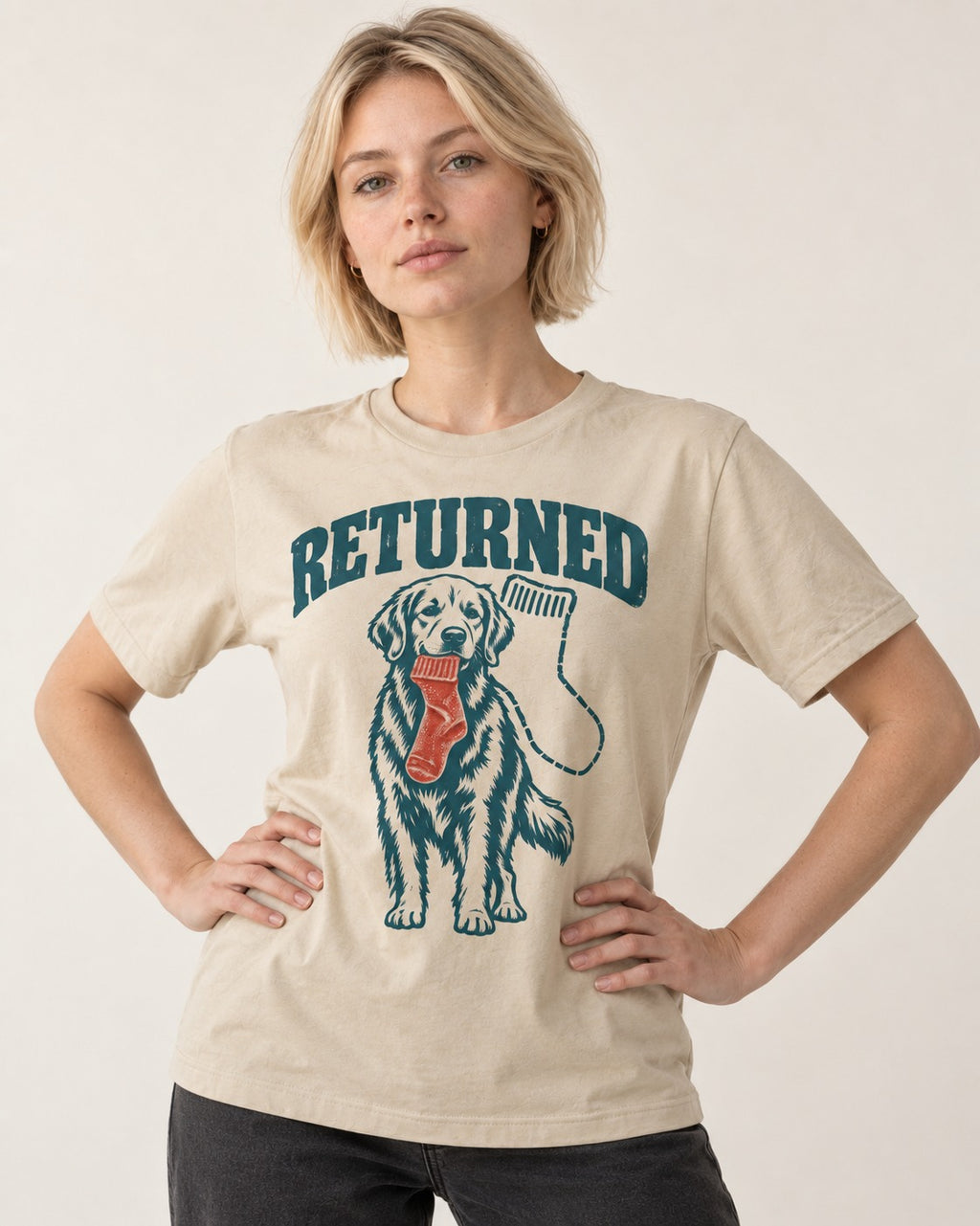 Golden Retriever Returned T-Shirt in Sand, worn by a model