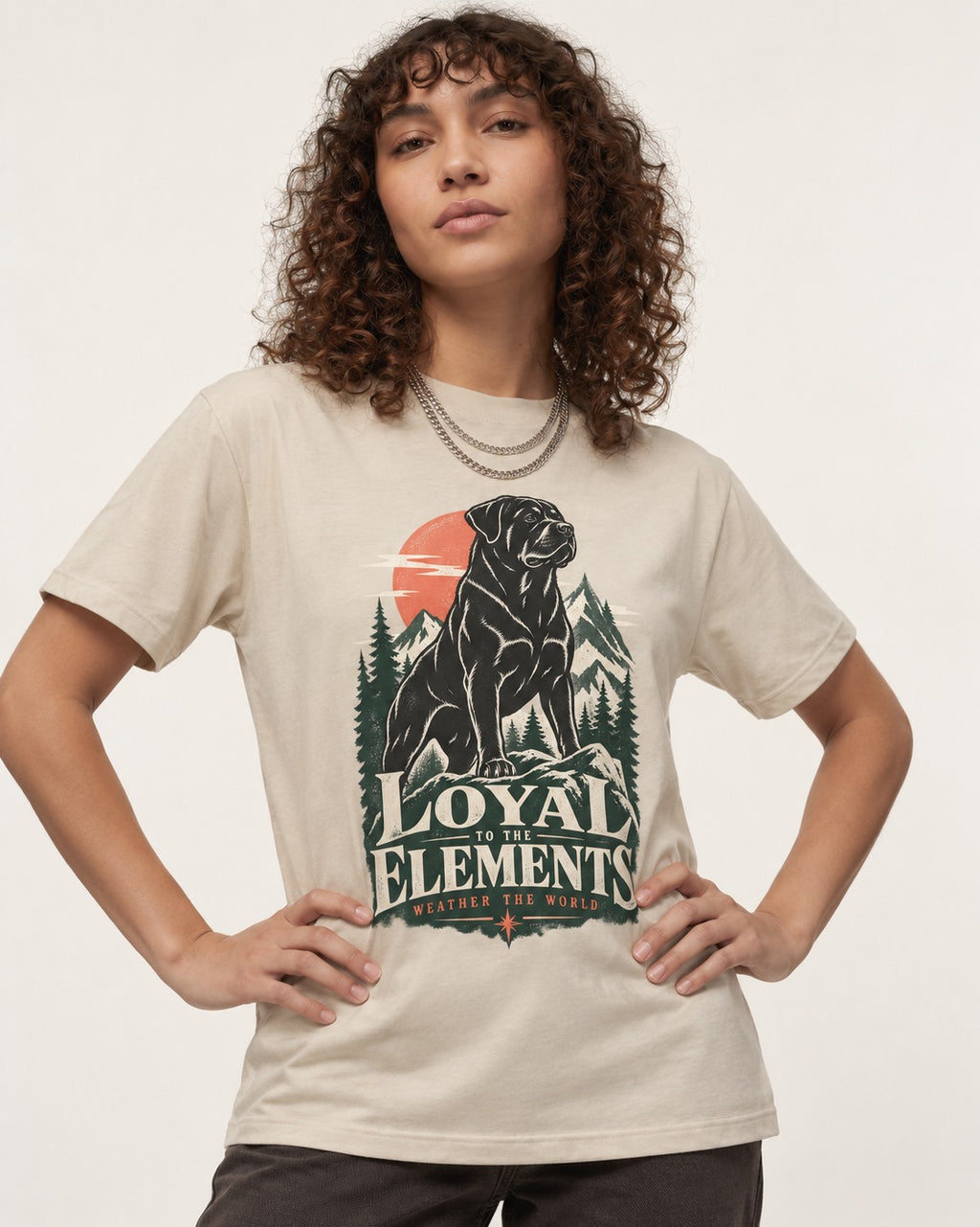 Rottweiler Loyal to the Elements T-Shirt in Sand, worn by a model