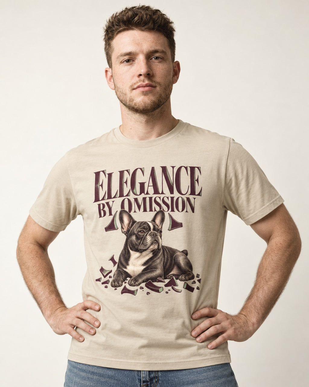 Frenchie Elegance by Omission T-Shirt in Sand, worn by a model