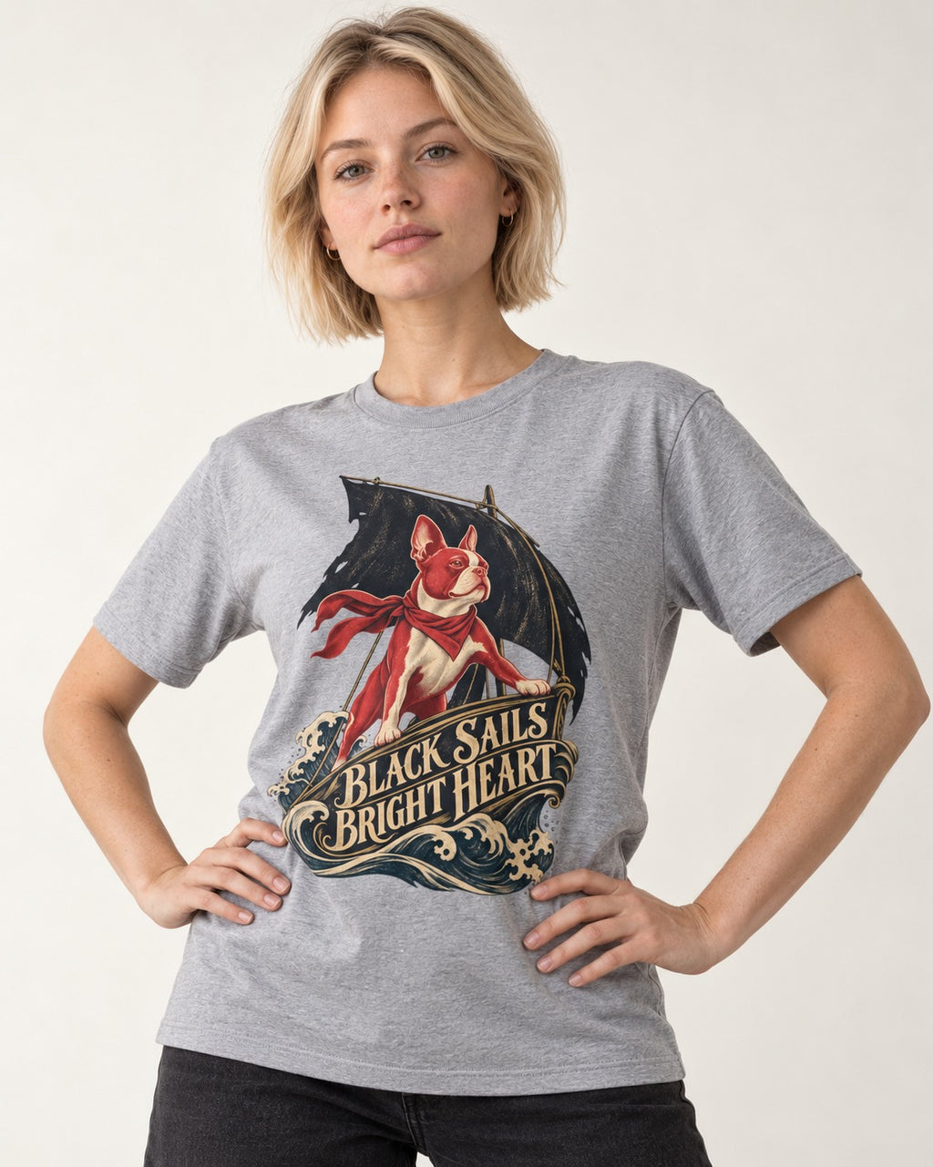 Black Sails Bright Heart Boston Terrier T-Shirt in Sport Grey, worn by a model