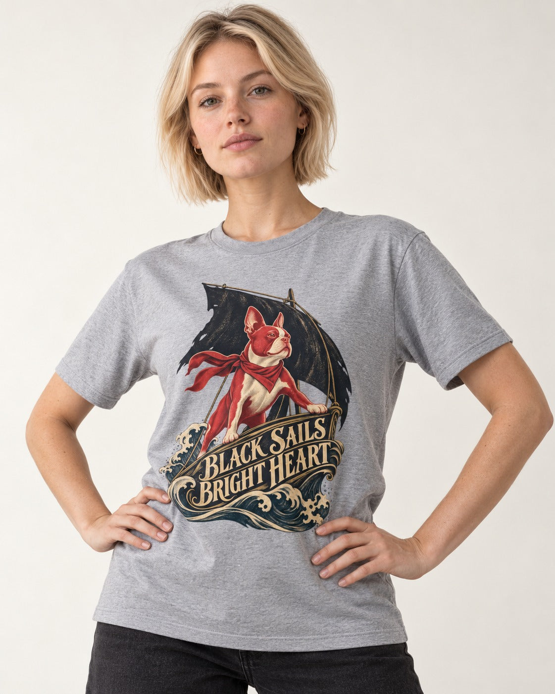 Black Sails Bright Heart Boston Terrier T-Shirt in Sport Grey, worn by a model