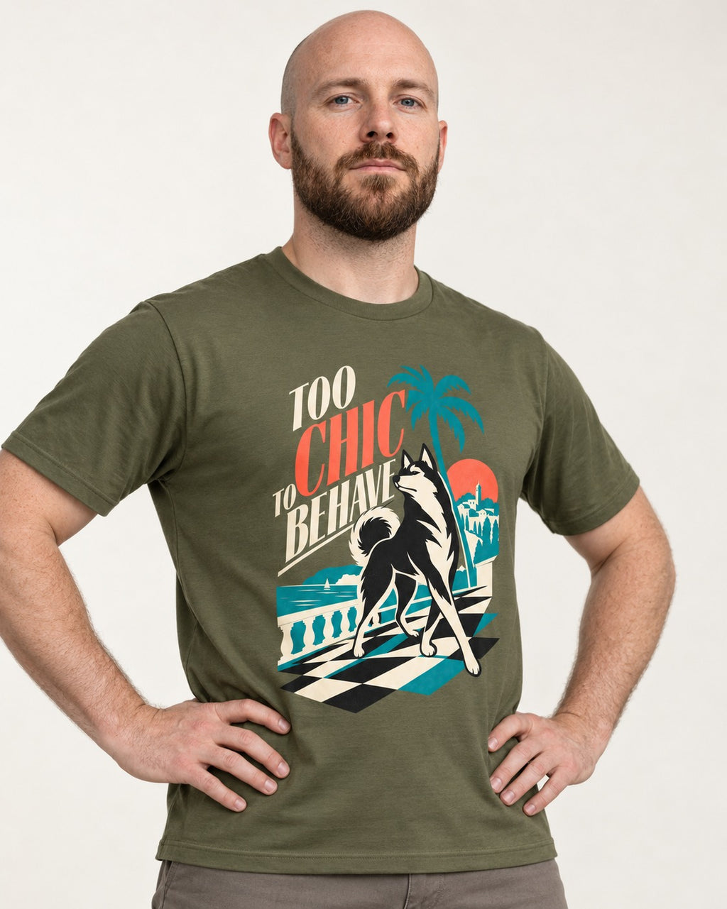 Husky Too Chic to Behave Riviera Graphic T-Shirt in Heather Military Green, worn by a model