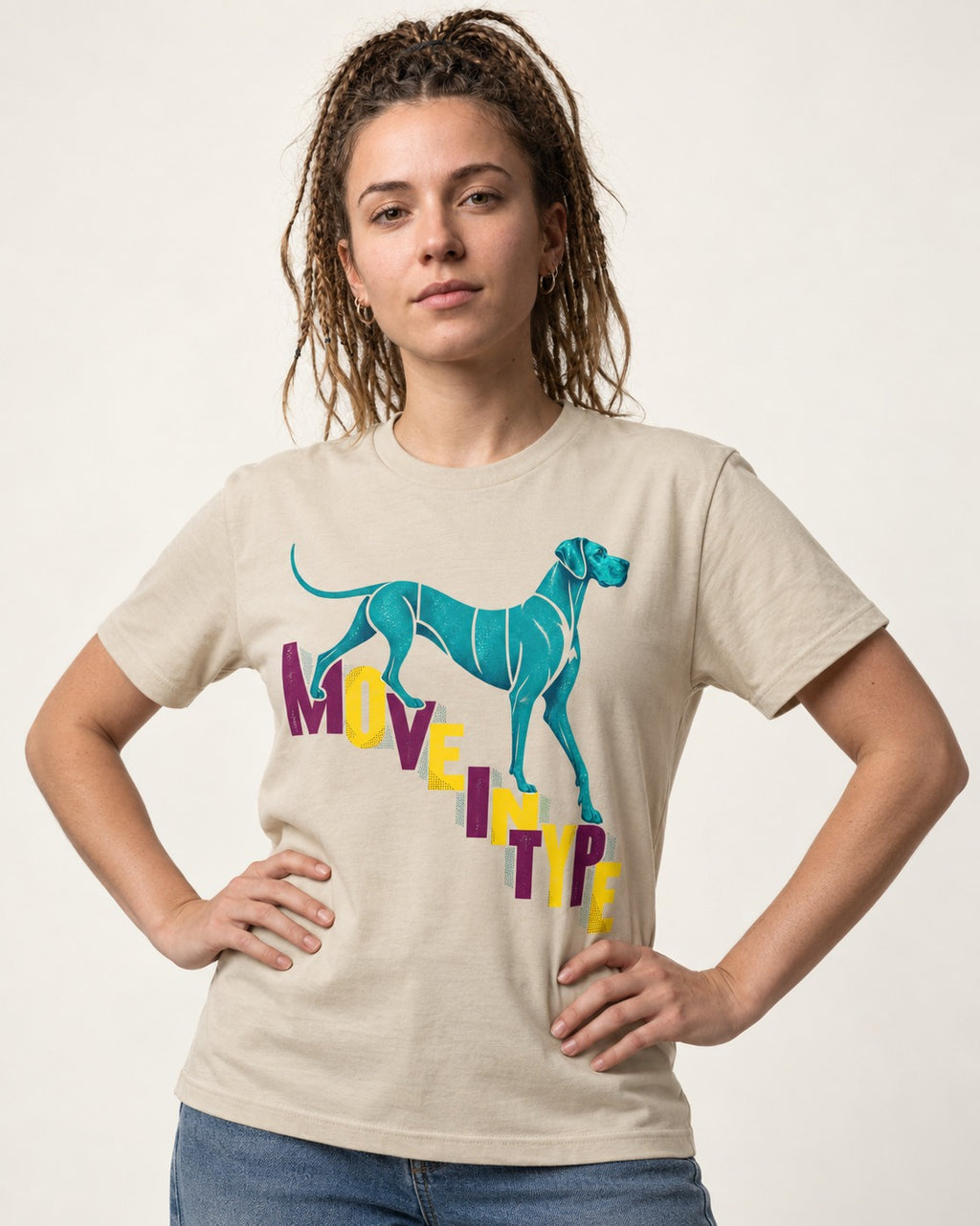 Great Dane Move in Type T-Shirt in Sand, worn by a model