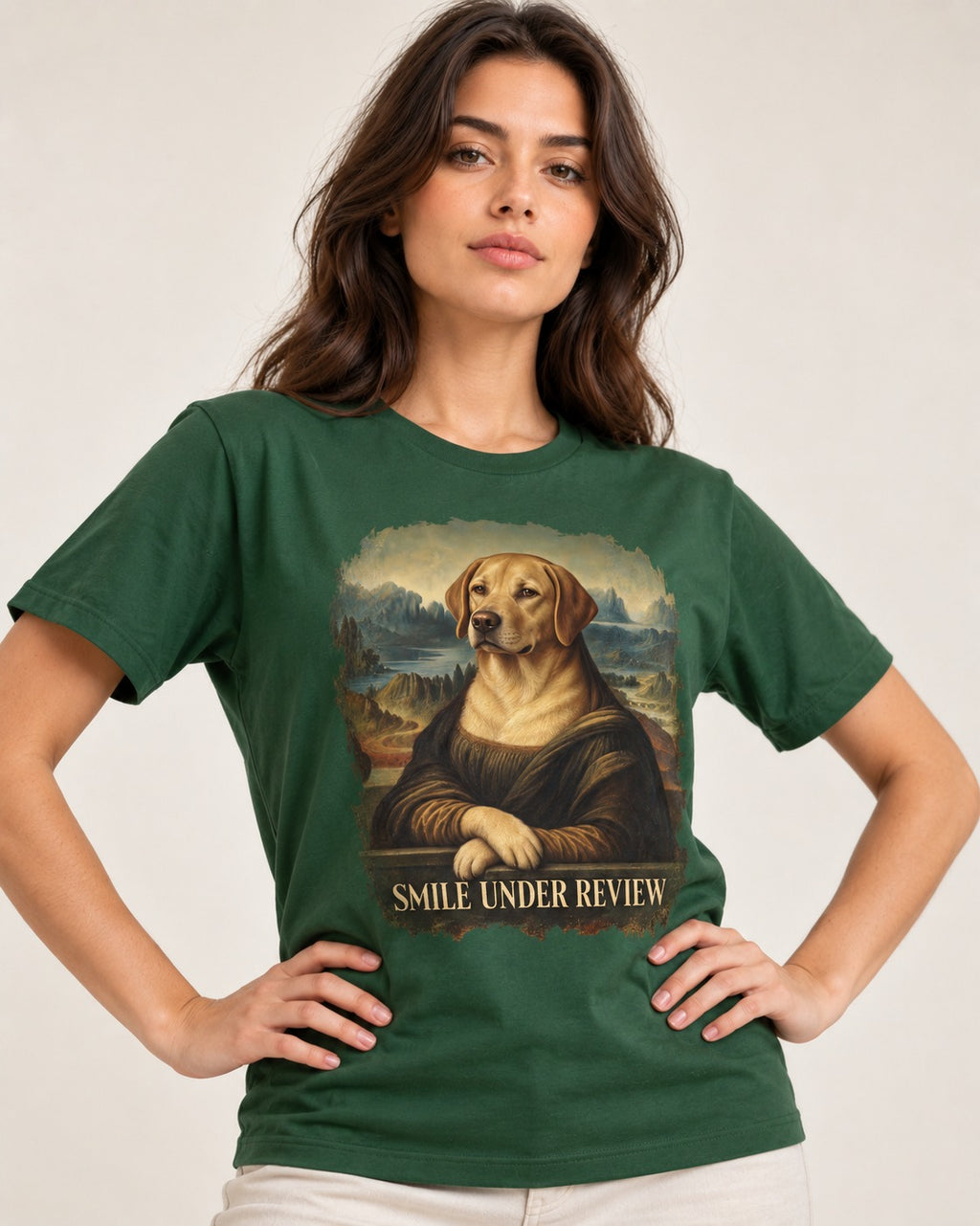 Labrador Retriever Smile Under Review Mona Lisa Graphic T-Shirt in Forest Green, worn by a model