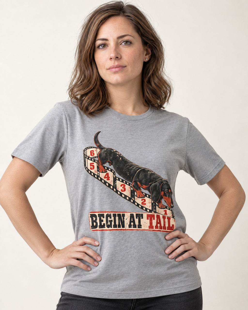 Begin at Tail Dachshund T-Shirt in Sport Grey, worn by a model
