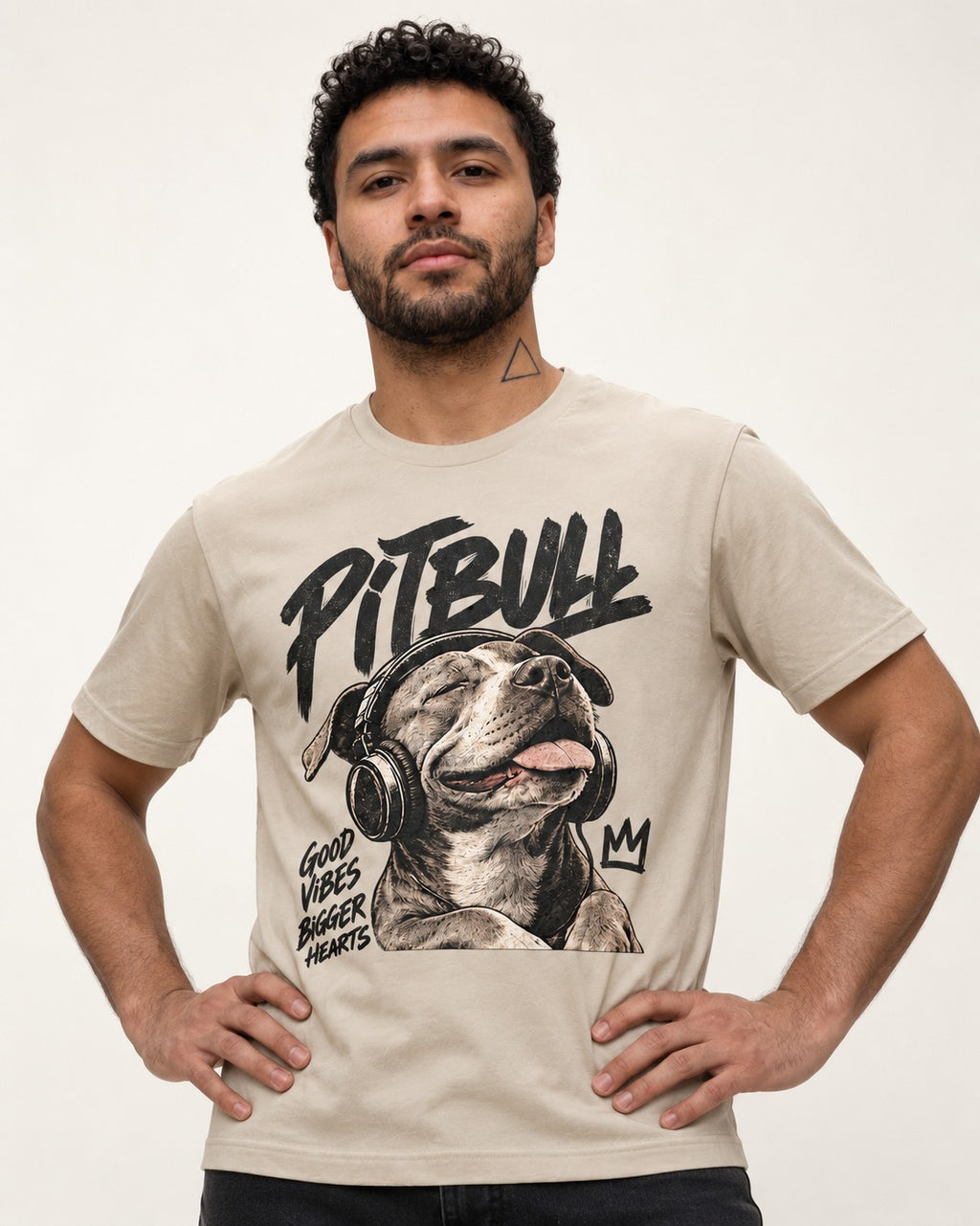 Pitbull Good Vibes Bigger Hearts T-Shirt in Sand, worn by a model