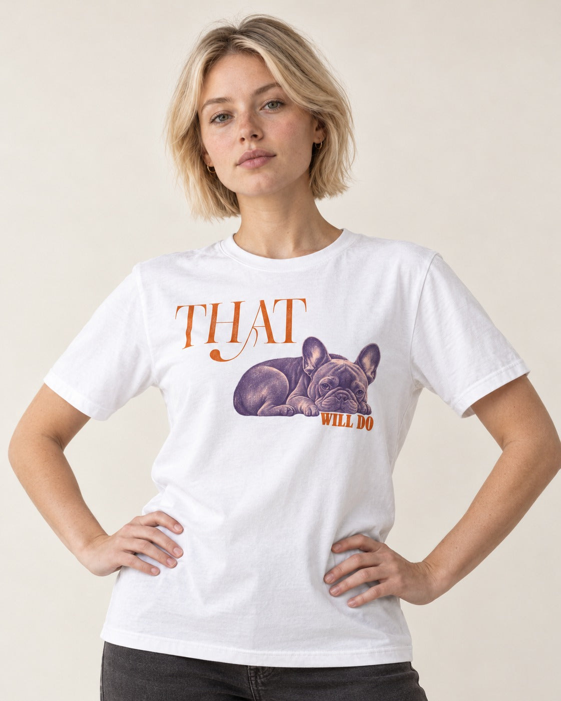 Frenchie That Will Do Resting Graphic T-Shirt in White, worn by a model
