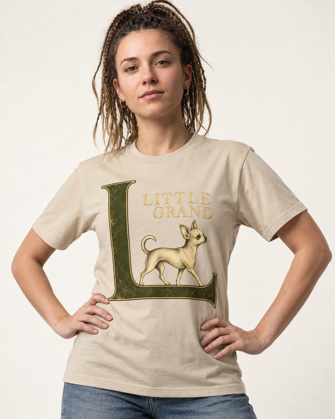 Little Grand Chihuahua T-Shirt in Sand, worn by a model