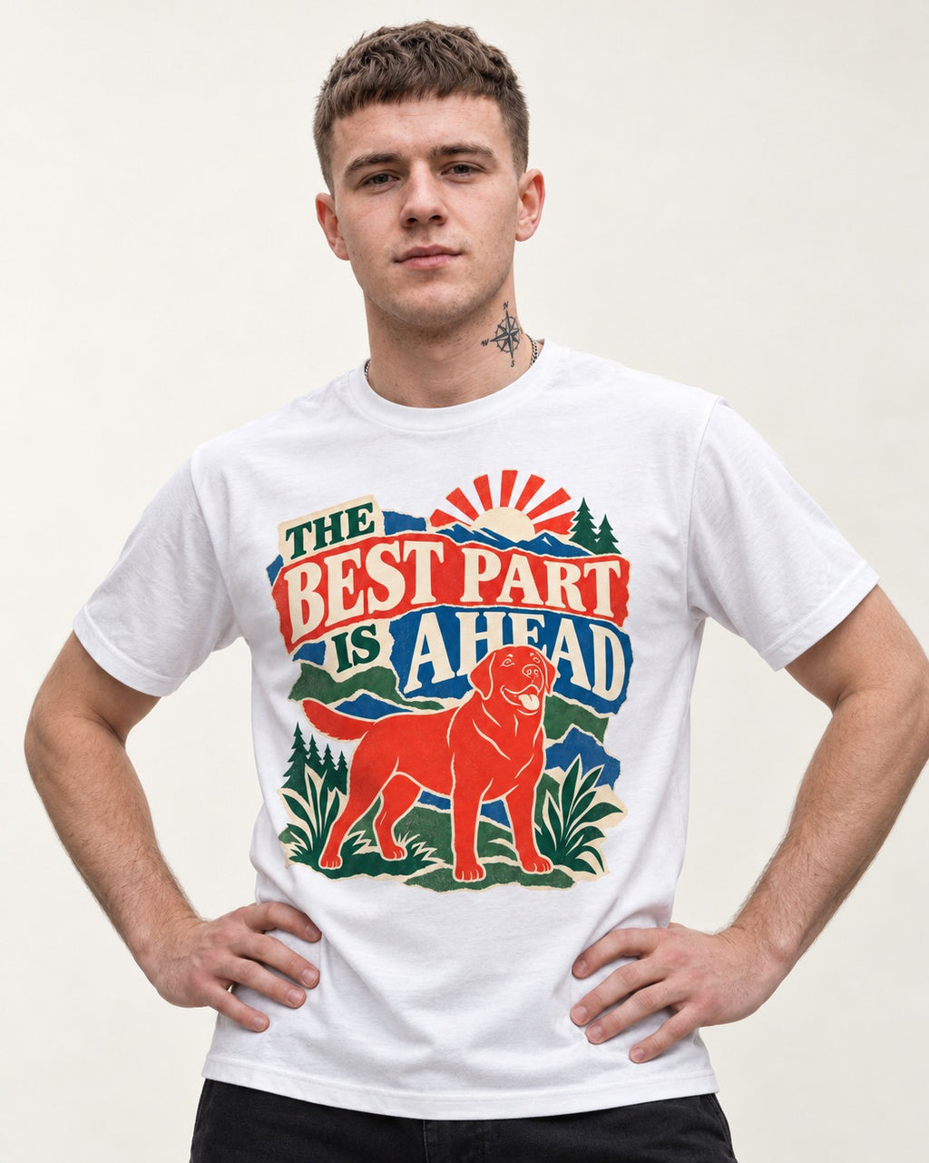 Labrador Retriever The Best Part Is Ahead Outdoor Graphic T-Shirt in White, worn by a model