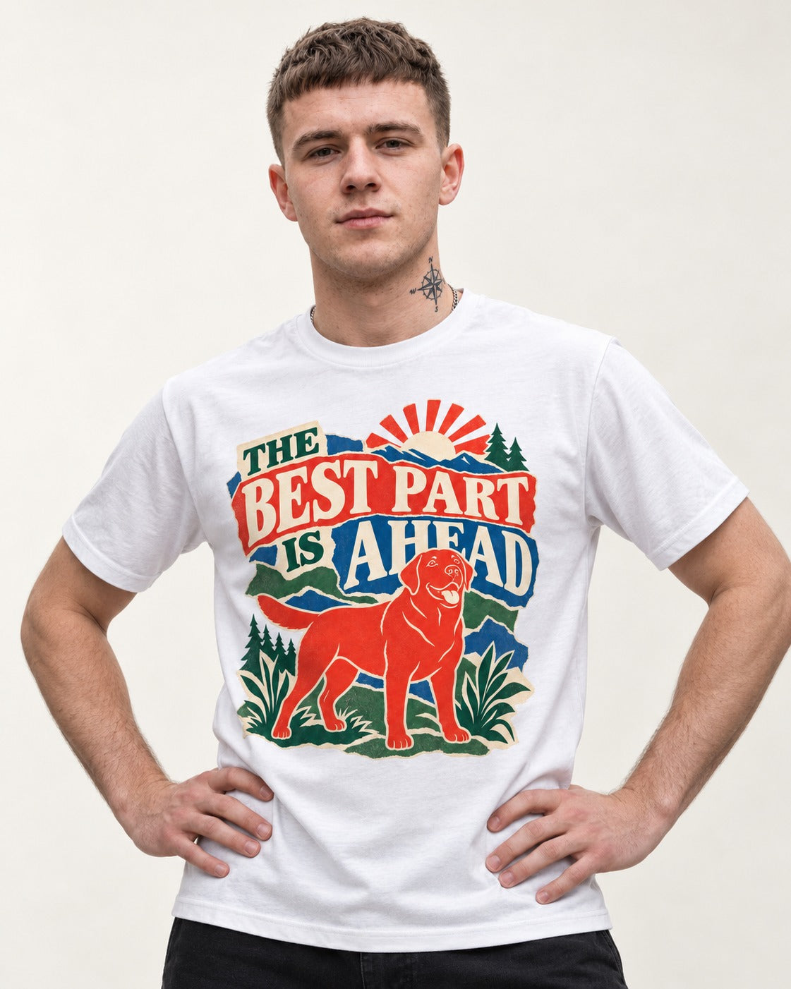 Labrador Retriever The Best Part Is Ahead Outdoor Graphic T-Shirt in White, worn by a model