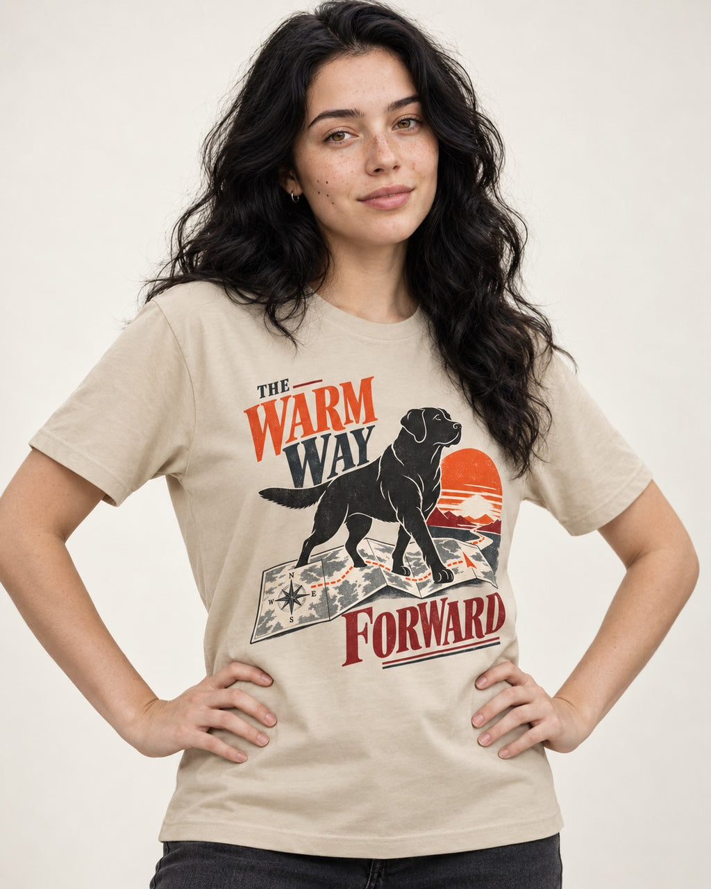 The Warm Way Forward Labrador Retriever T-Shirt in Sand, worn by a model
