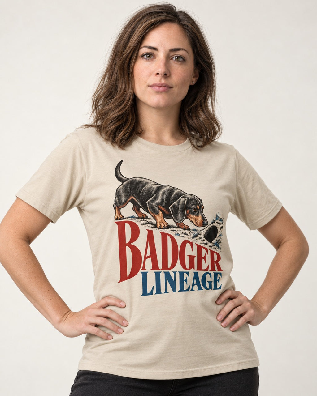 Dachshund Badger Lineage T-Shirt in Sand, worn by a model