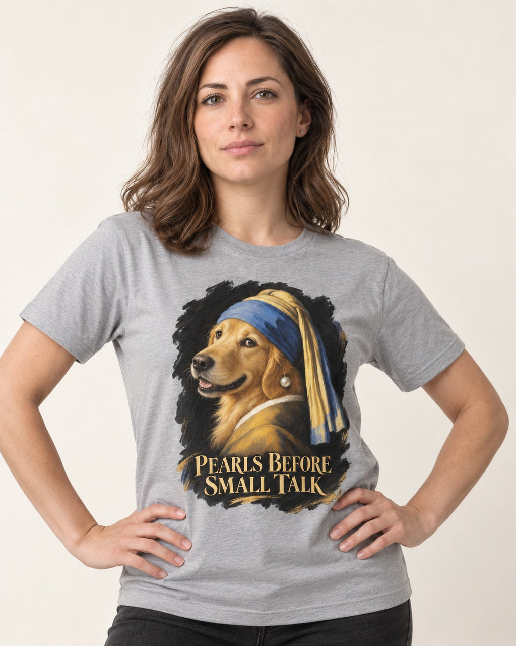 Pearls Before Small Talk Pearl Portrait Golden Retriever Graphic T-Shirt in Sport Grey, worn by a model