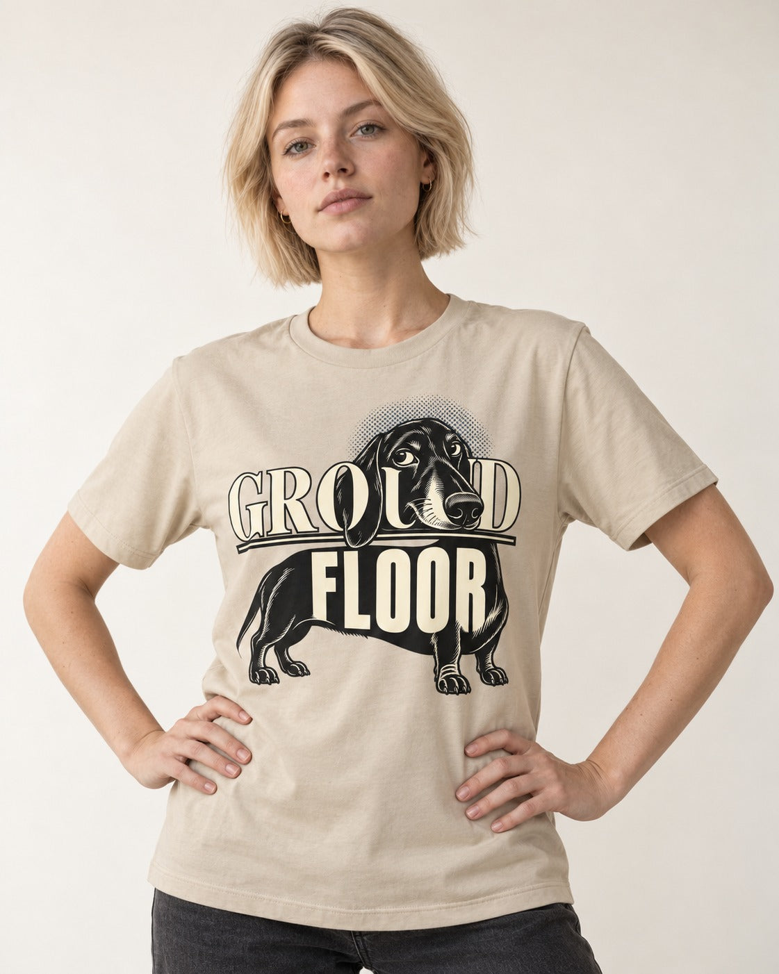 Ground Floor Dachshund T-Shirt in Sand, worn by a model