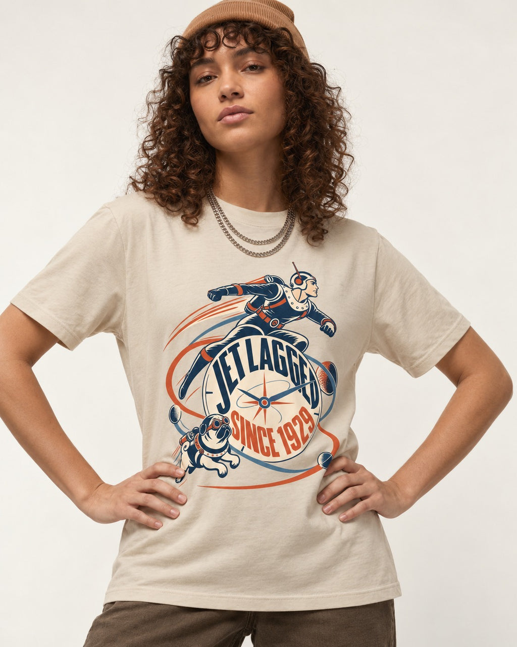 Jet Lagged Pug T-Shirt in Sand, worn by a model
