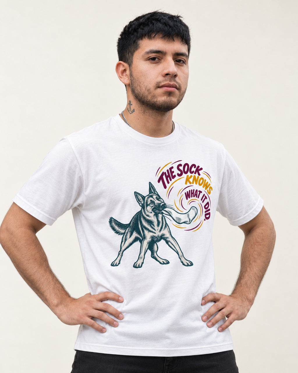 German Shepherd Dog The Sock Knows What I Did Graphic T-Shirt in White, worn by a model