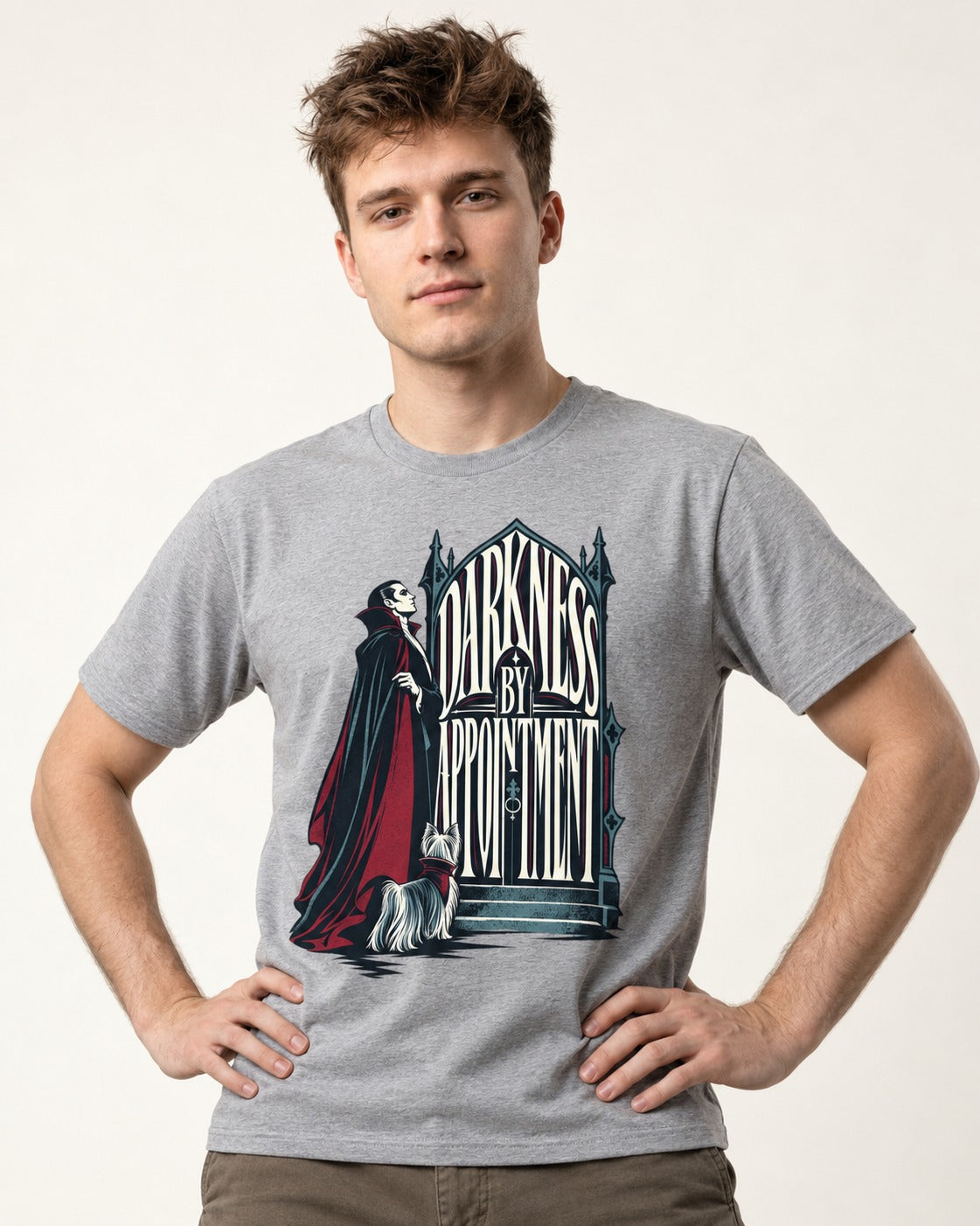 Darkness by Appointment with Yorkshire Terrier T-Shirt in Sport Grey, worn by a model