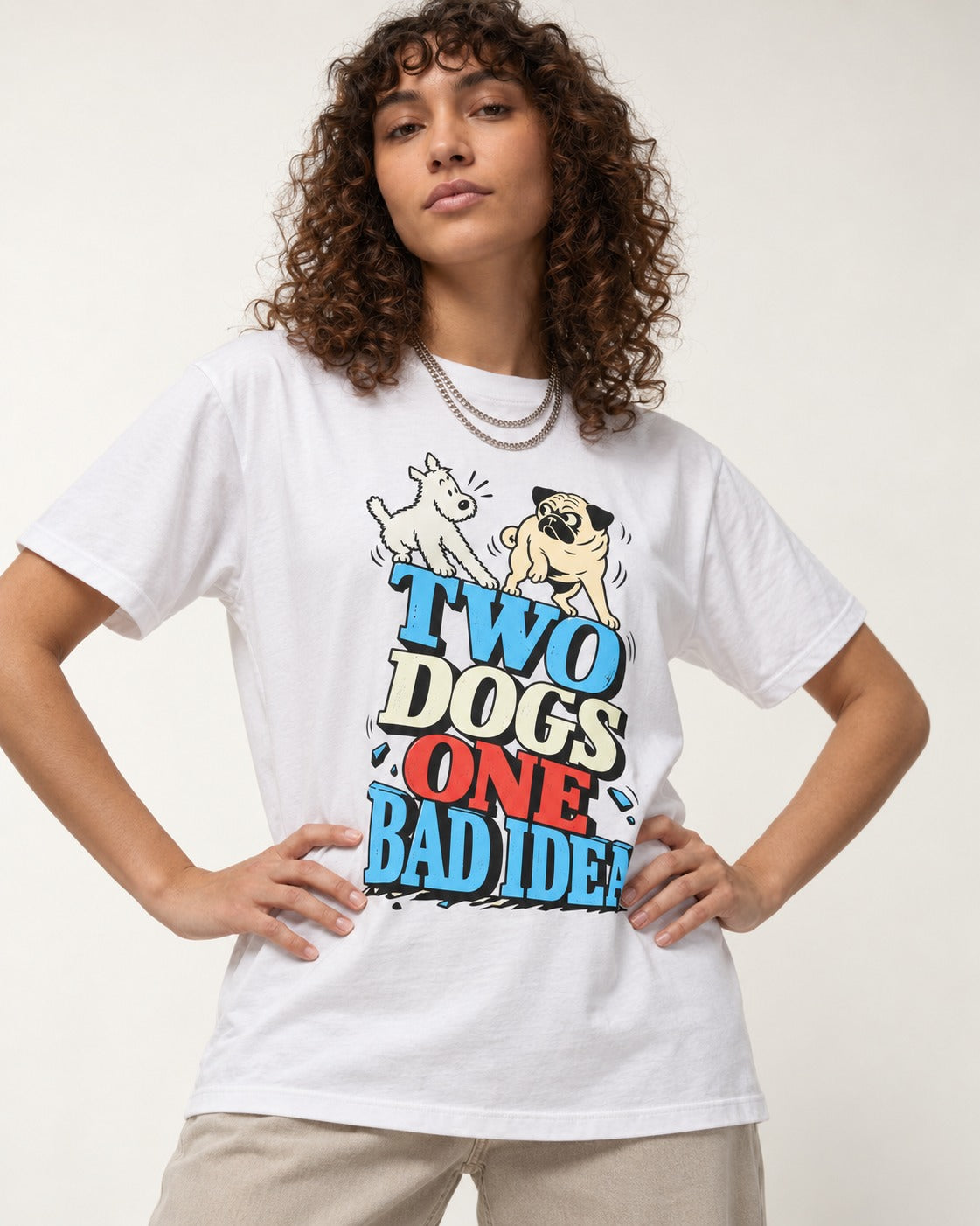 Pug Two Dogs One Bad Idea Graphic T-Shirt in White, worn by a model