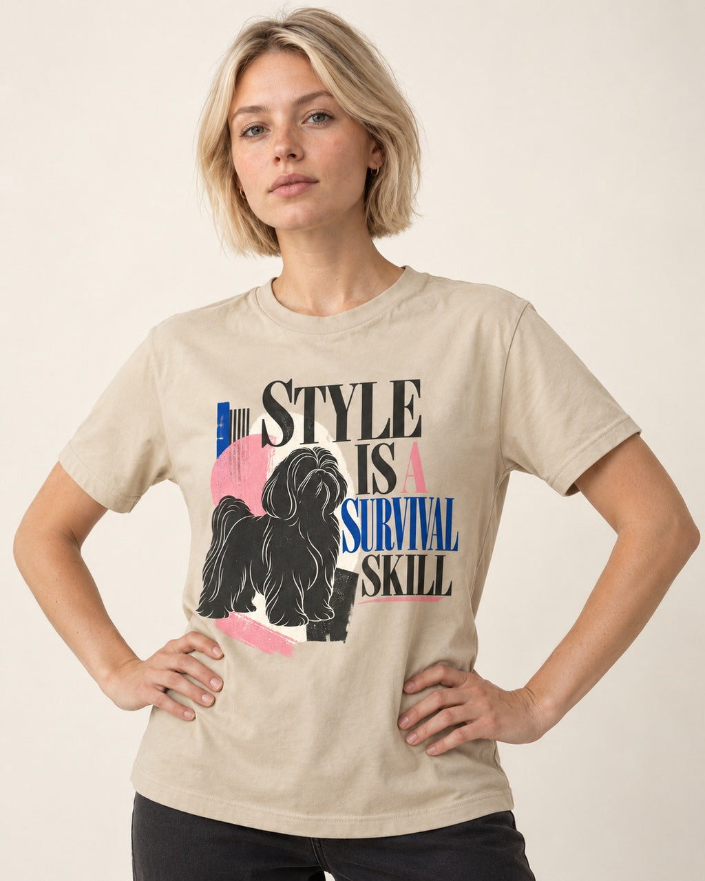 Shih Tzu Survival Skill T-Shirt in Sand, worn by a model
