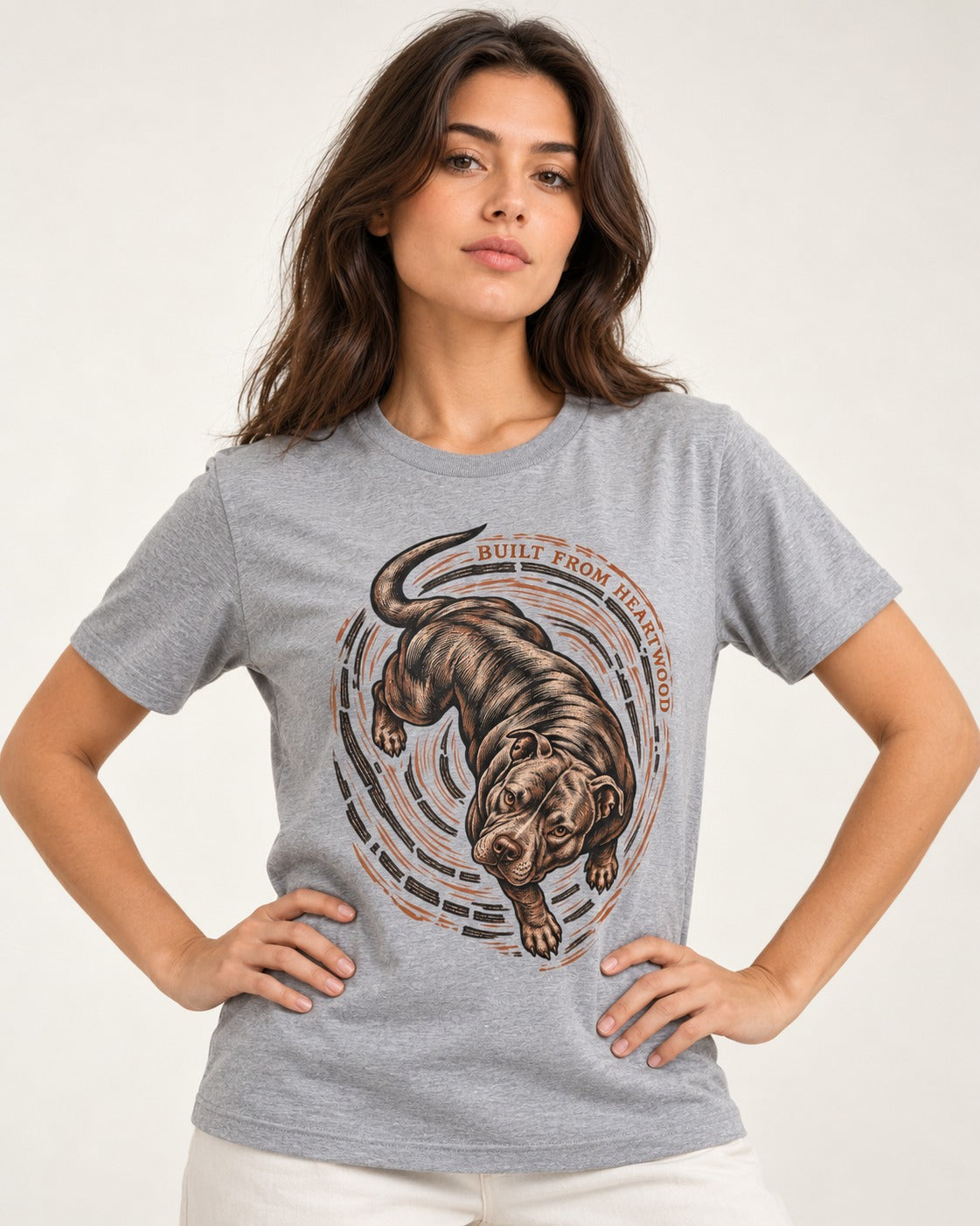 Pitbull Built From Heartwood T-Shirt in Sport Grey, worn by a model