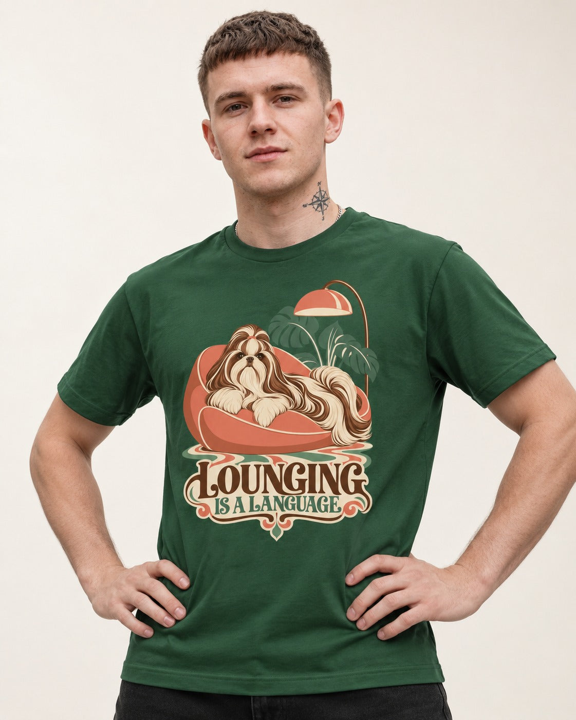 Shih Tzu Lounging Is a Language Retro Lounge Graphic T-Shirt in Forest Green, worn by a model