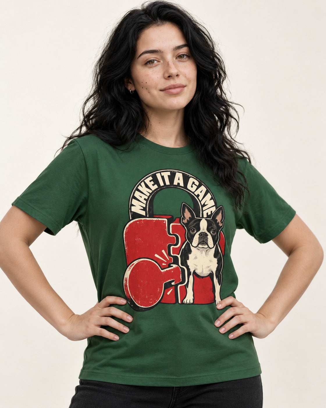 Boston Terrier Make It a Game T-Shirt in Forest Green, worn by a model