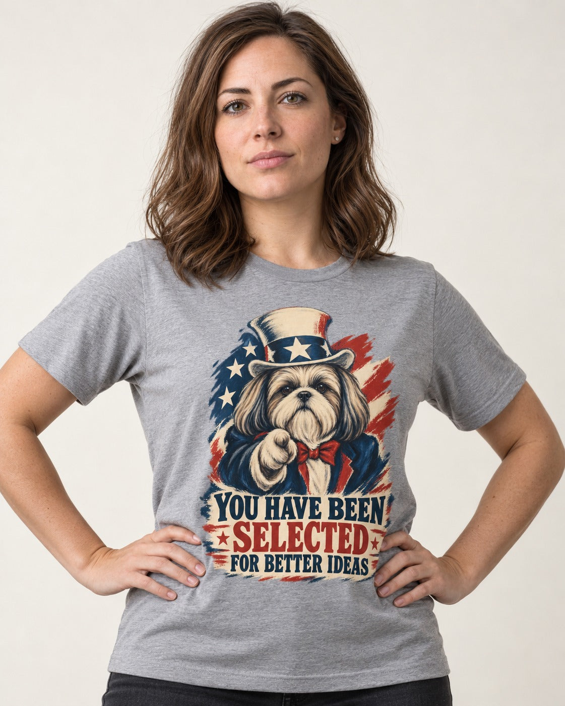 Shih Tzu You Have Been Selected Uncle Sam Graphic T-Shirt in Sport Grey, worn by a model