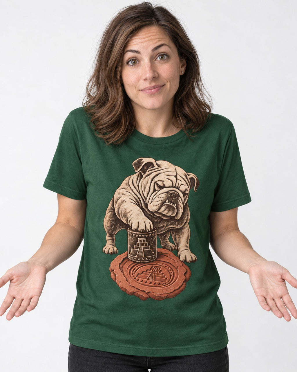English Bulldog Ancient Cylinder Seal Graphic T-Shirt in Forest Green, worn by a model