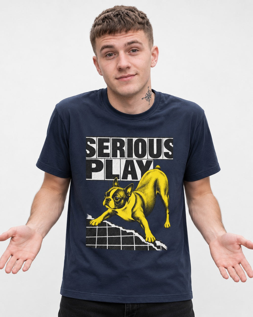 Boston Terrier Serious Play Agility Graphic T-Shirt in Navy, worn by a model