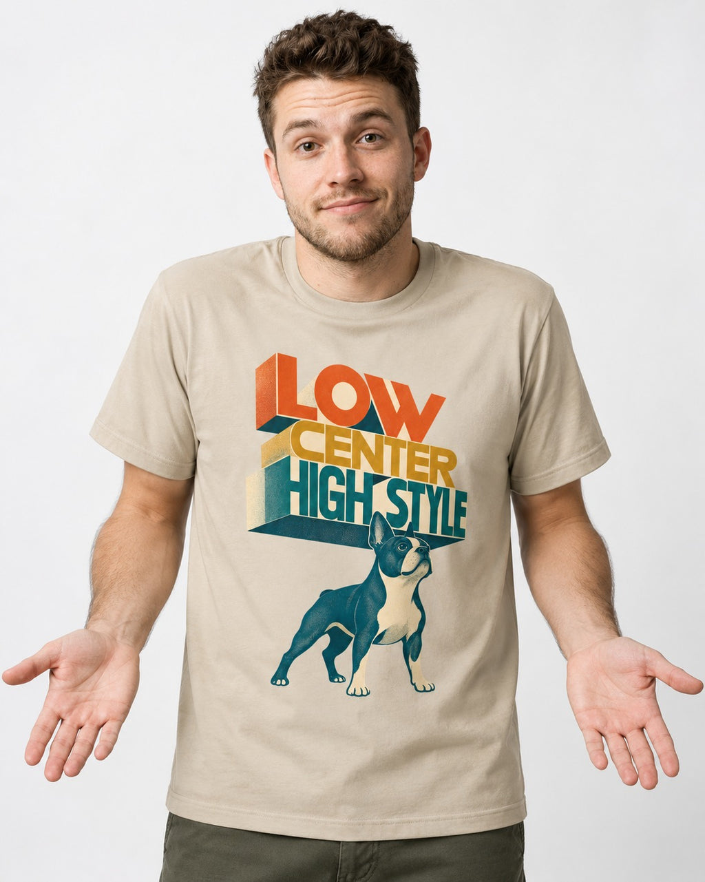 Low Center Boston Terrier T-Shirt in Sand, worn by a model